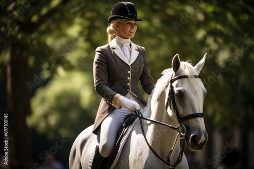 A rider in formal equestrian attire confidently sits atop a majestic white horse, surrounded by a serene natural backdrop.