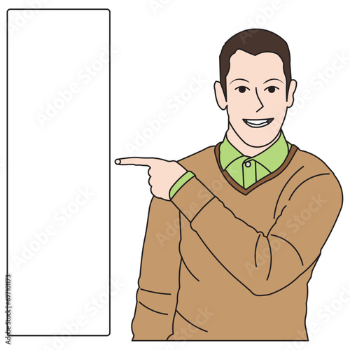 Man pointing at a blank sign. Vector illustration in cartoon style.