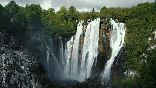 Plitvice Lakes National Park in Croatia. Reserve Plitvice Lakes. High content of calcium carbonate. National park in Croatia. A cascade of 16 lakes connected by waterfalls and a limestone canyon. photo