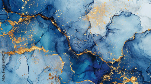 A watercolor background created with brush strokes, featuring spilled blue paints on paper. It includes golden shiny veins and a cracked marble texture for added visual interest.