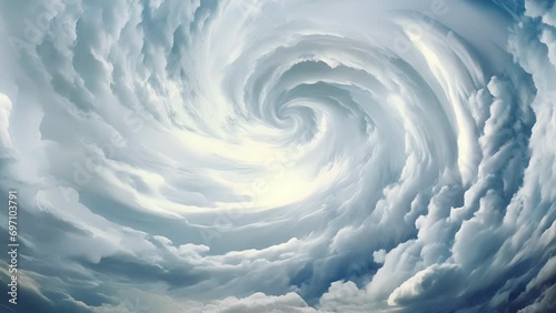 A spiraling vortex of wind and clouds spinning rapidly around a central core.