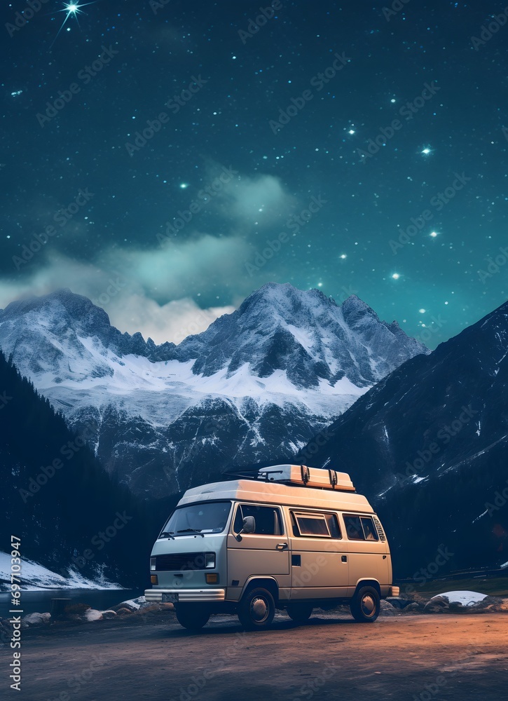 camping mini bus van with snowy mountains with beautiful sky at night