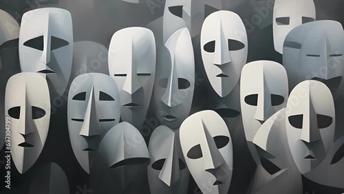 An abstract painting featuring an array of monochrome faces each sporting a unique mask blending into the canvas in a surreal mesmerizing