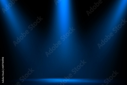 Three blue smoke spotlight on stage night studio entertainment background.
