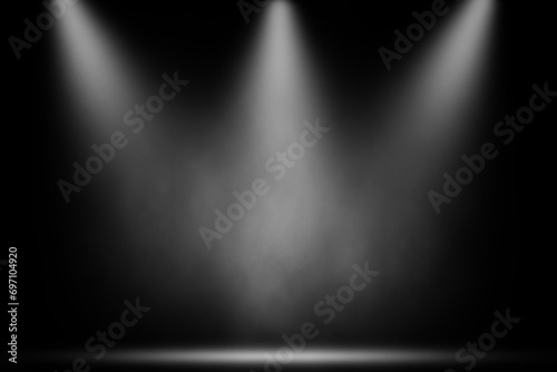 Spotlight white smoke on wood stage dark background.