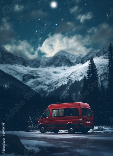 camping mini bus van with snowy mountains with beautiful sky at night