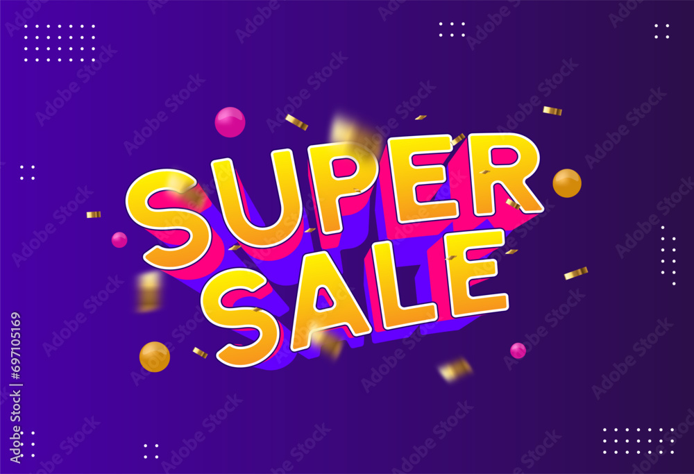 Super sale text for headline banner promotion template with purple background