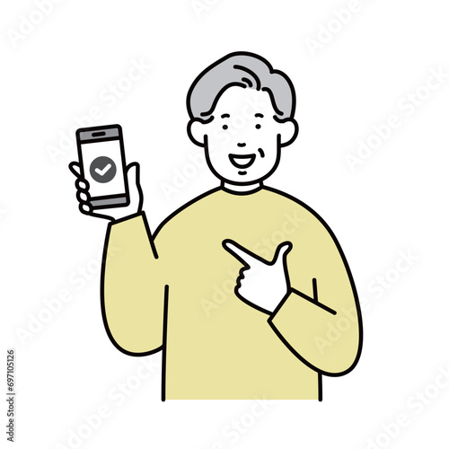 スマホを持つシニア男性のイラスト素材　指差し