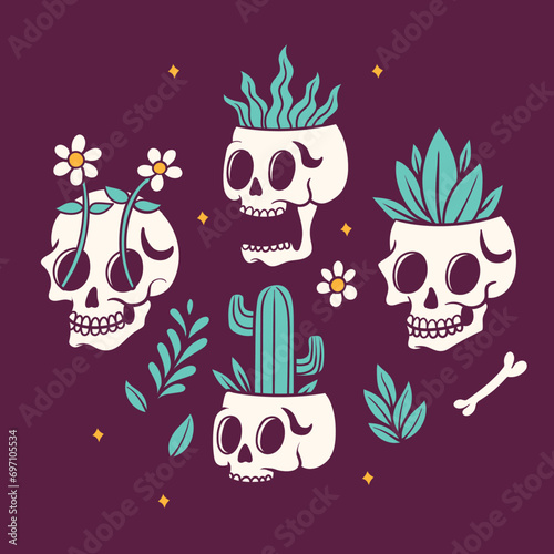 skull garden, nature plant icon, skull nature icon, nature garden illustration