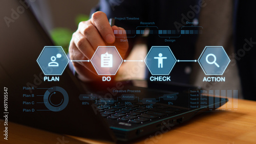 Plan Do Action Check PDCA continuous quality improvement model concept. Businessman  check the the Do on virtual screen, the strategy to success target. photo