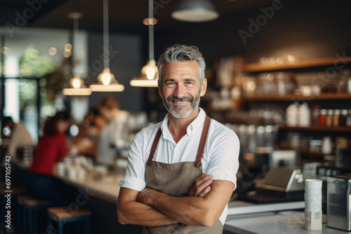 Offer a perspective on cafe leadership with a portrait of the owner at the counter. Blur the background to enhance the owner's presence. photo
