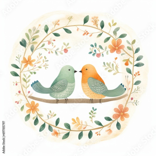 Watercolor Retro Love Birds