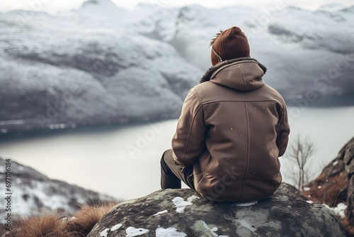 a man on a rock with warm winter clothes outfit with snowy mountains