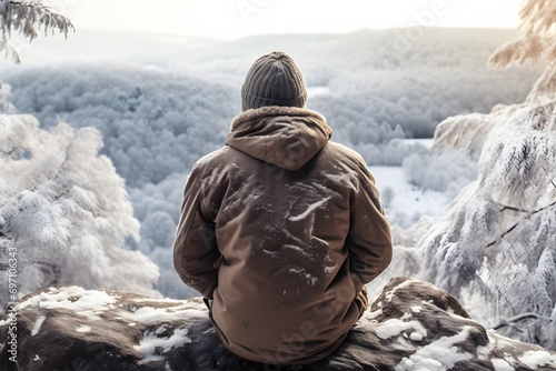 a man on a rock with warm winter clothes outfit with snowy mountains