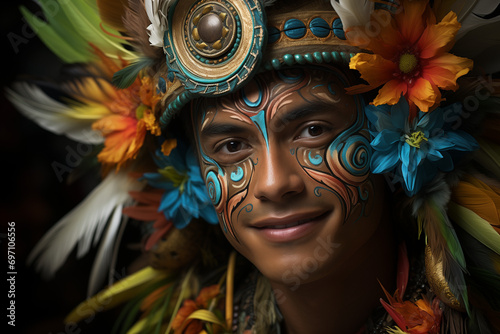 Carnival Man in Brazil, Brazilian Man Grinning in Carnival Celebration Wearing Traditional Festival Costume © Simn