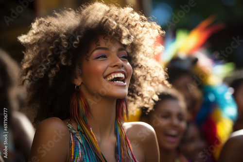 Woman in the Streets of Brazil Celebrating Carnival, Brazil's Carnival Bliss, Woman Reveling in the Vibrant Street Celebration with Dance and Smiles