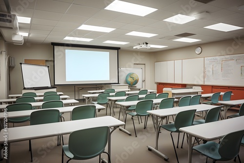 a modern classroom interior with chairs and a projector screen