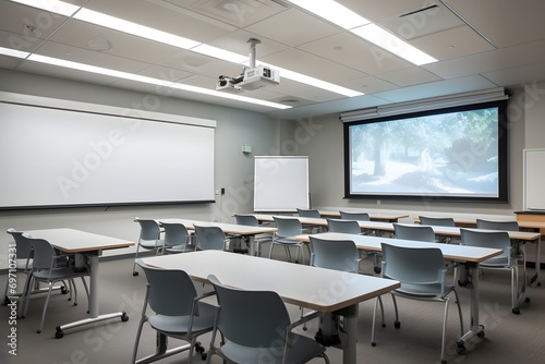 a modern classroom interior with chairs and a projector screen