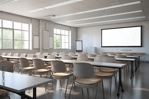 a modern classroom interior with chairs and a projector screen