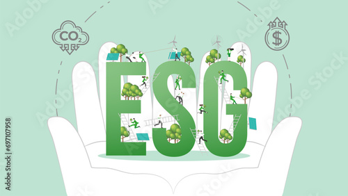 ESG sustainability policy in hand. Carbon credit calculate from reduce carbon footprint and carbon dioxide to carbon offset. ESG in Hand.