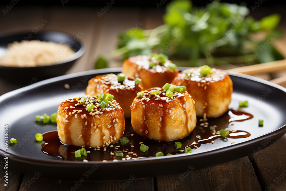 Sweet soy-grilled tofu served on a black plate. (Generative AI)