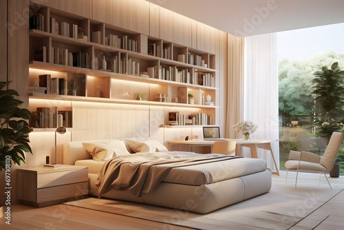 a beautiful modern cozy comfortable bedroom interior with bookshelf © DailyLifeImages