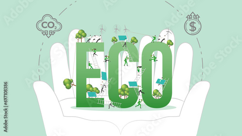 ESG sustainability policy in hand. Carbon credit calculate from reduce carbon footprint and carbon dioxide to carbon offset. ECO in Hand.