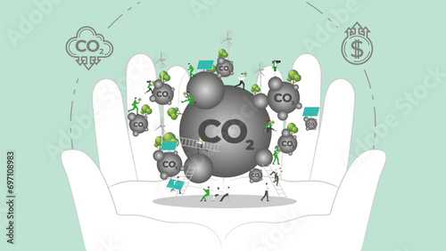 ESG sustainability policy in hand. Carbon credit calculate from reduce carbon footprint and carbon dioxide to carbon offset. CO2 in Hand.