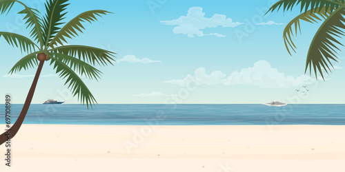 Fototapeta Naklejka Na Ścianę i Meble -  White sand beach with yacht at the horizon have coconut tree foreground vector illustration. Tropical blue sea concept flat design.
