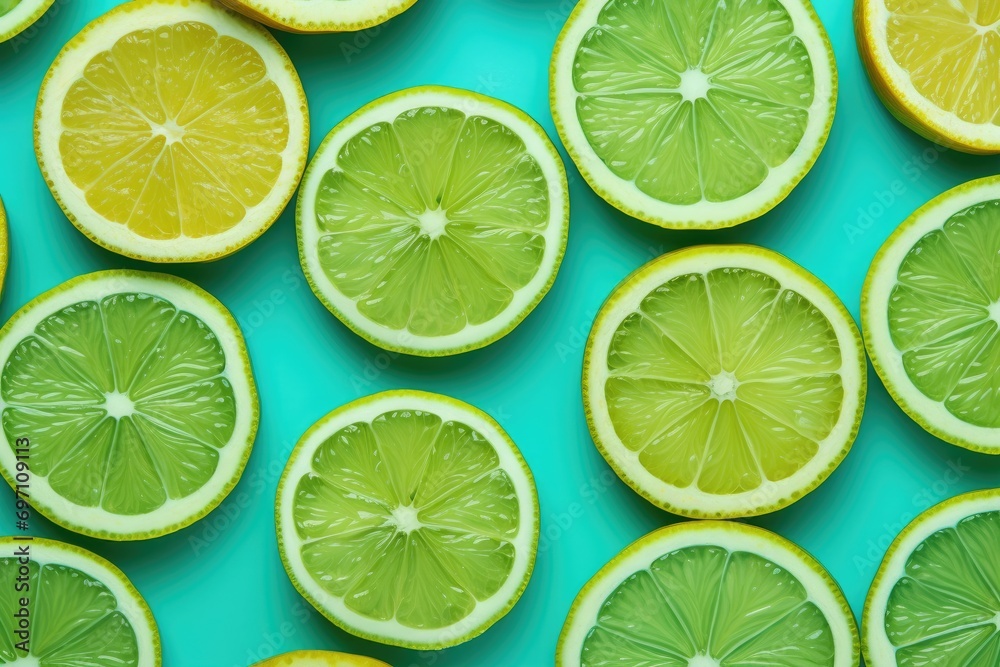 A group of limes cut in half on a blue background