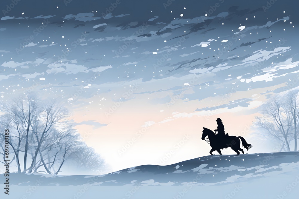 a silhouette of a cowboy man riding a horse in snow in winters