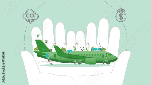 ESG sustainability policy in hand. Carbon credit calculate from reduce carbon footprint and carbon dioxide to carbon offset. Plane in Hand.