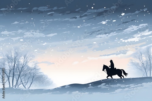 a silhouette of a cowboy man riding a horse in snow in winters © DailyLifeImages