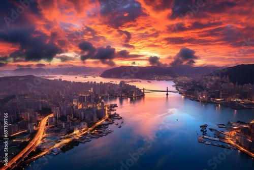 top view of a coastal city skyline with tall sky scrapper buildings © DailyLifeImages