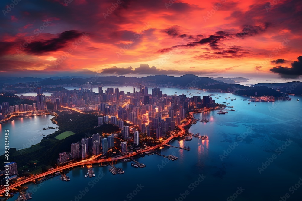 top view of a coastal city skyline with tall sky scrapper buildings