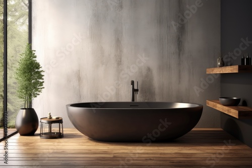 A large black bath tub sitting on top of a wooden floor