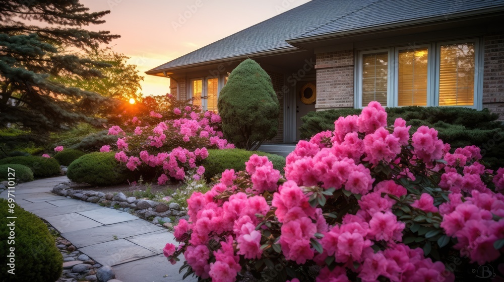 A garden with pink flowers in front of a house