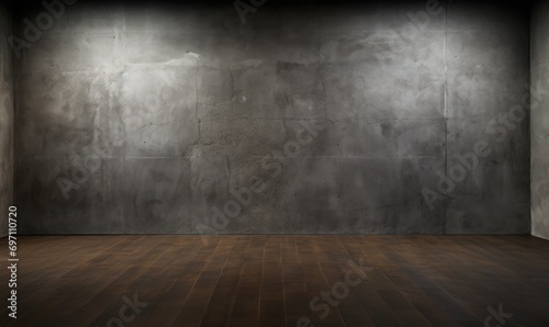 An empty room with a wooden floor and a concrete wall