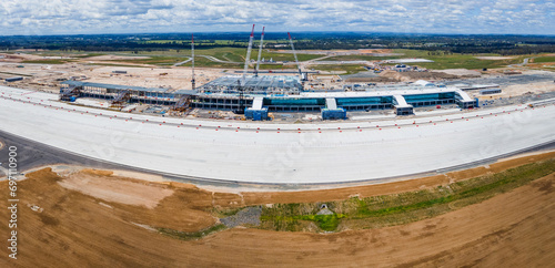 Panoramic aerial drone view of the construction site of the new Western Sydney International Airport at Badgerys Creek in Western Sydney, on a sunny day shot on 23 December 2023