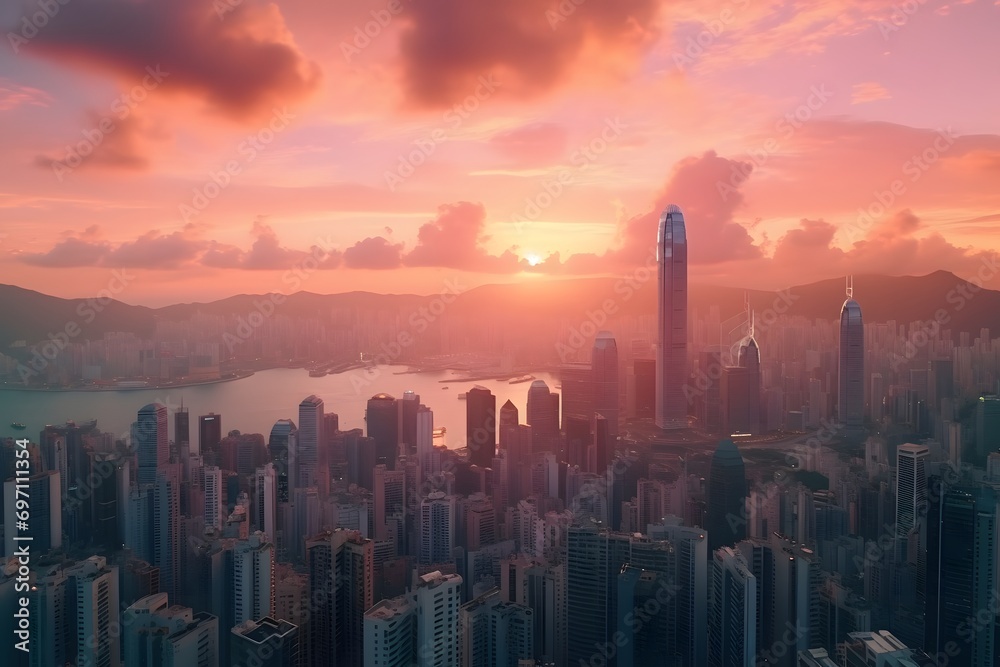 top view of a coastal city skyline with tall sky scrapper buildings
