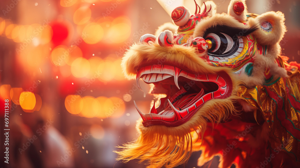 Golden Celebration Chinese Lion Dance Amid Lanterns