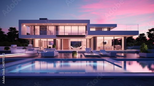 A large modern house with a pool at dusk © pham
