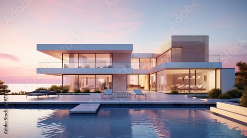A large modern house with a pool in front of it © pham