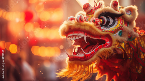 Golden Celebration Chinese Lion Dance Amid Lanterns © LANGSSI