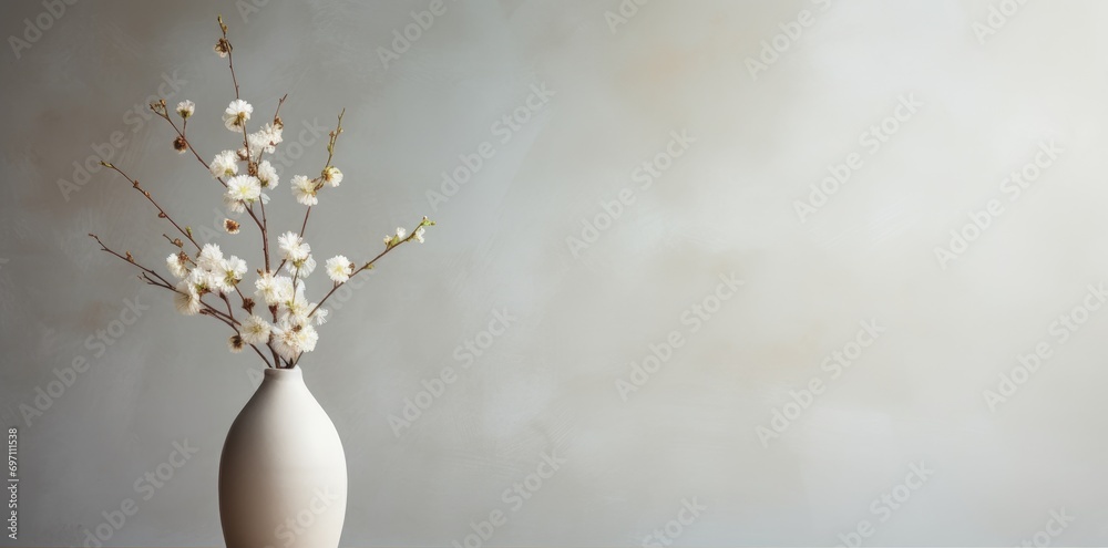 A white vase filled with white flowers on top of a table