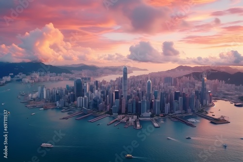 top view of a coastal city skyline with tall sky scrapper buildings © DailyLifeImages