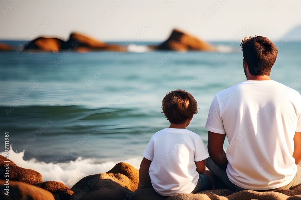 firefly young father with his son wearing white t shirt sitting on shore of sea or ocean rear view