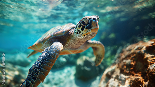 Underwater wild turtle floating over blue beautiful natural ocean background. Life in the coral reef underwater. Wildlife concept of ecological environment