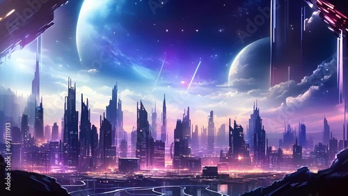 A futuristic cyberpunk cityscape featuring a dystopian skyline of buildings and neon lights on the horizon with bright cyberpunk ar photo