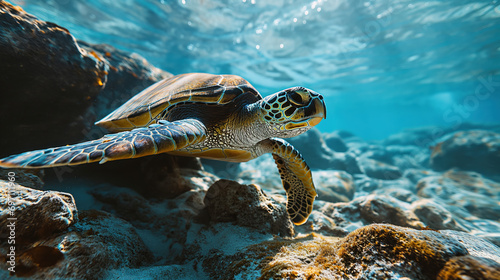 Underwater wild turtle floating over blue beautiful natural ocean background. Life in the coral reef underwater. Wildlife concept of ecological environment